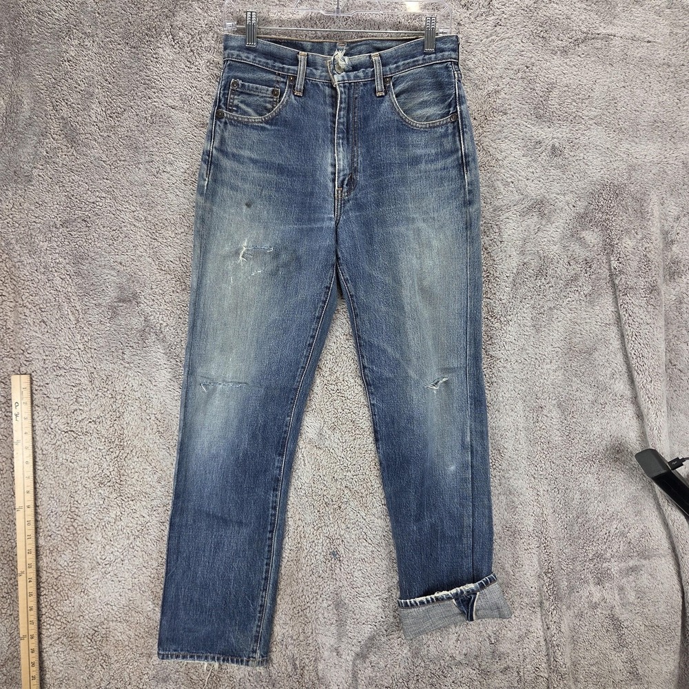 Vintage Levis 502 Jeans Mens Blue Tapered Distressed Talon Zip Fly Fits 28x30